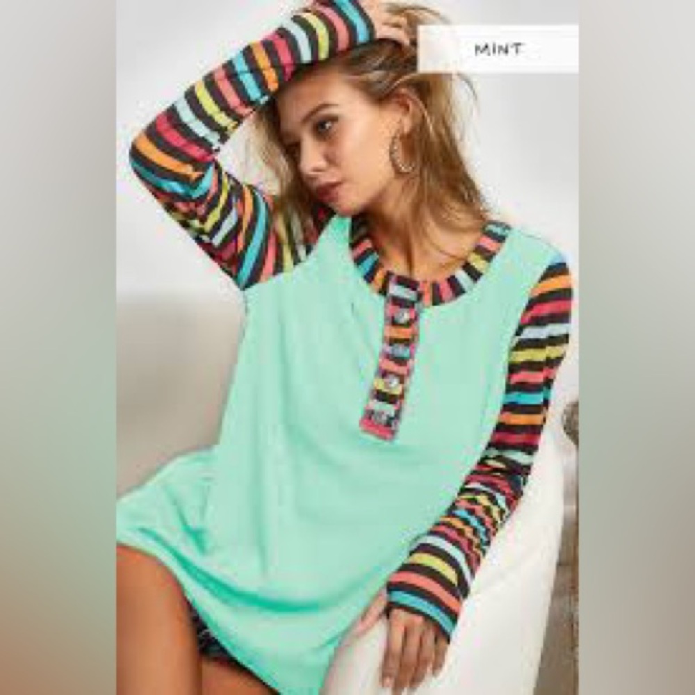 NEW! BiBi Mint & Multi-Colored Striped Thumbhole Ribbed Long Sleeve Top S